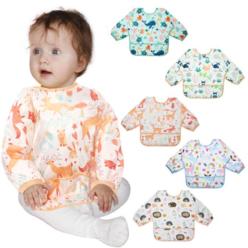 Lictin Long Sleeve Bibs 5 Pack - Baby Bibs For Girl, Waterproof Toddler Bibs, 0-24 Months Neutral Baby Smock For Eating, Reusabl