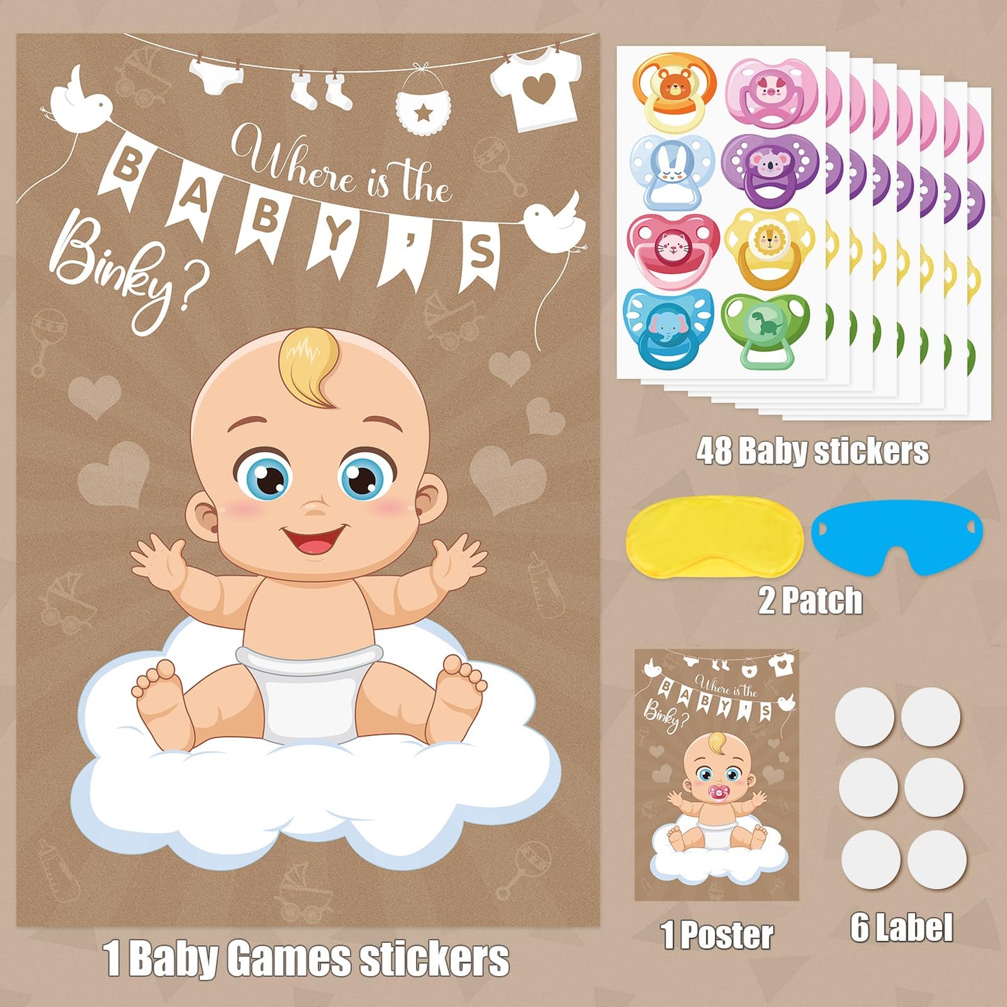 Atiloy Pin The Pacifier On The Baby Game Baby Pacifier Games Poster With 64 Pacifier Stickers For Baby Shower Party Favors, Boys