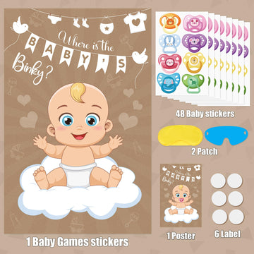 Atiloy Pin The Pacifier On The Baby Game Baby Pacifier Games Poster With 64 Pacifier Stickers For Baby Shower Party Favors, Boys