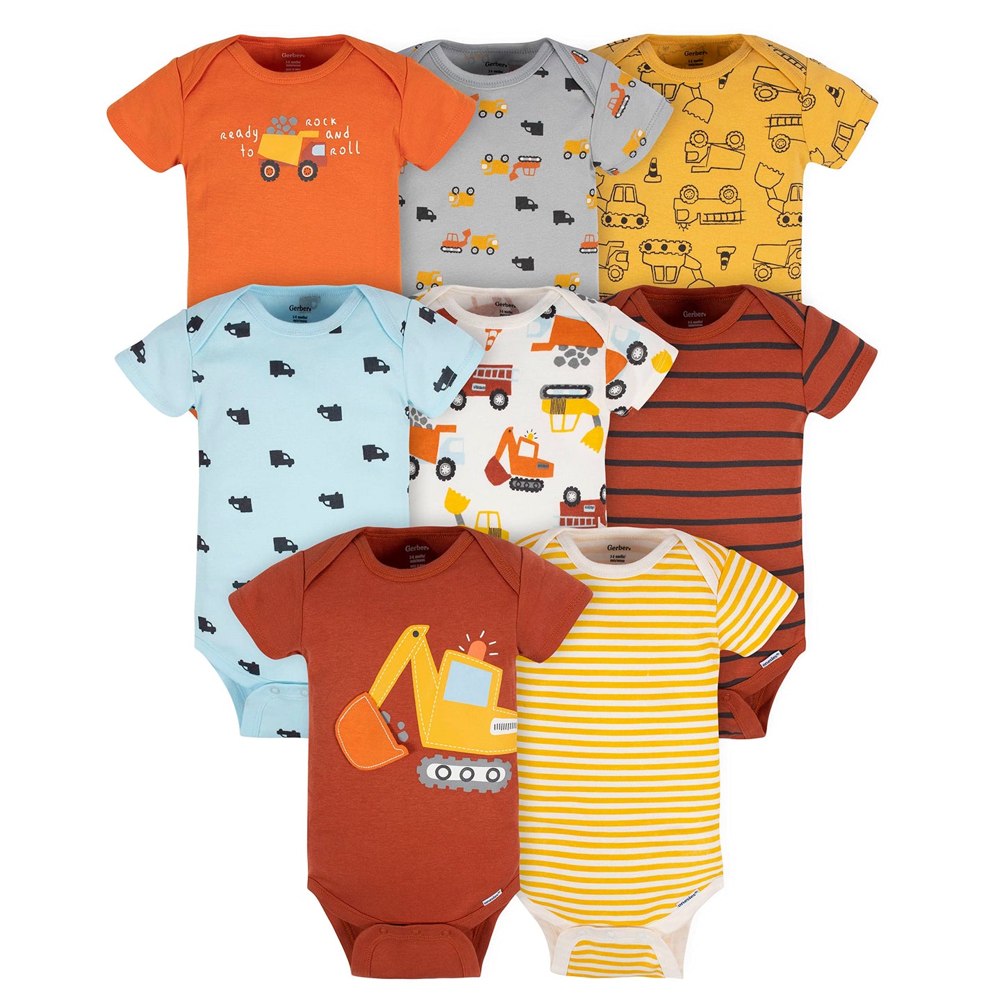 Gerber Baby Boys 8-Pack Short Sleeve Onesies Bodysuits Shirt, Transportation Zone, 0-3 Months US