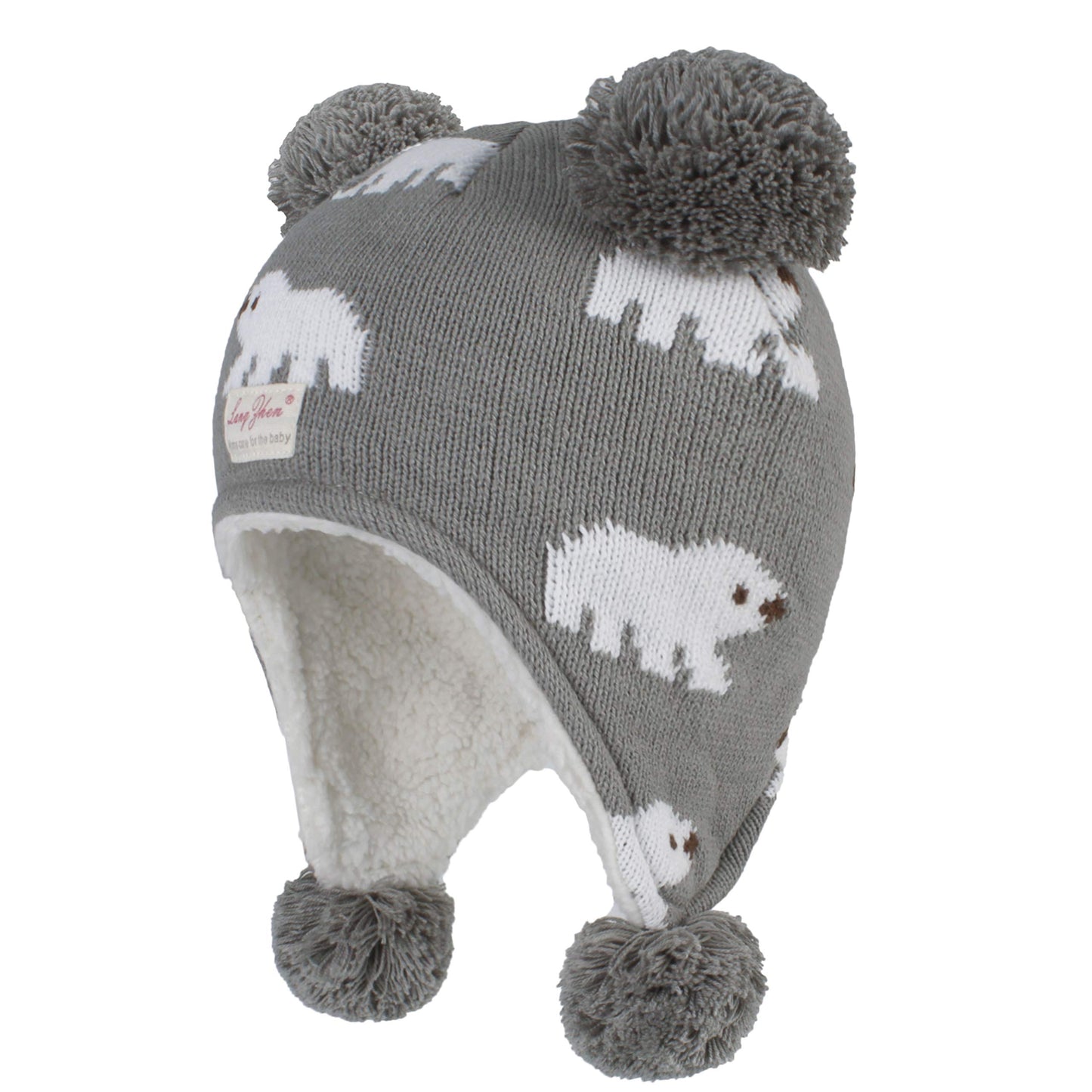 Langzhen Toddler Kids Infant Winter Hat,Earflap Knit Warm Cap Fleece Lined Beanie For Baby Boys Girls (Polar Bear - Grey, S(46-4
