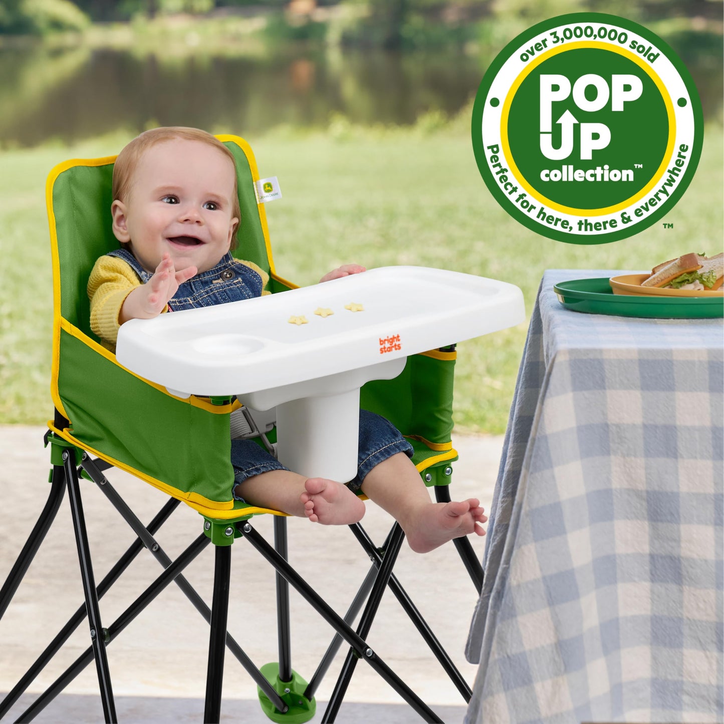 Bright Starts John Deere Pop N Dine Portable High Chair, Indoor/Outdoor, Dishwasher Safe Tray, Easy to Fold, Unisex, Green, 6 M