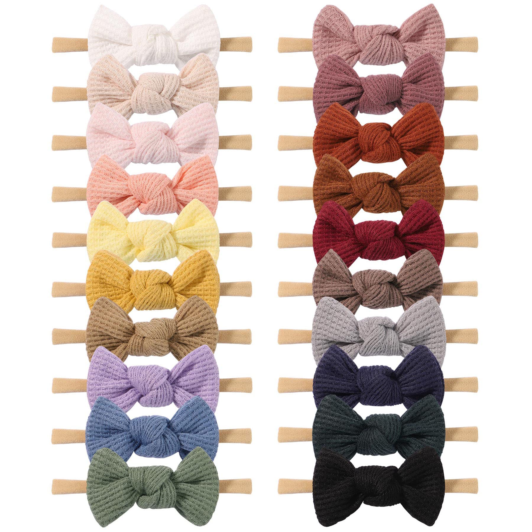 Jollybows 20Pcs 3.2' Baby Girls Waffle Headbands Hair Bows Stretchy Nylon Hairbands For Newborn Infant Toddler Hair Accessories
