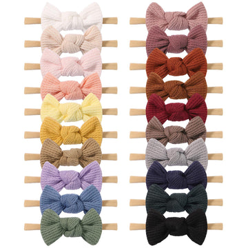 Jollybows 20Pcs 3.2' Baby Girls Waffle Headbands Hair Bows Stretchy Nylon Hairbands For Newborn Infant Toddler Hair Accessories