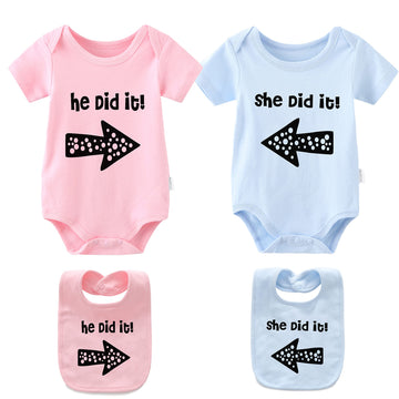 Ysculbutol Baby Twins Bodysuits He/She Did It Twin Outfit Girl Romper With Hat Set(Pink Did 6M)