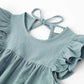 Lyxiof Toddler Baby Girl Cotton Linen Dress Ruffle Sleeve Halter Sleeveless Kids Casual Beach Dresses Blue Green 120Cm
