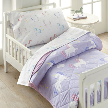 Wildkin 100% Cotton 4 Piece Toddler Bed-In-A-Bag For Boys & Girls, Bedding Set Includes Comforter, Flat Sheet, Fitted Sheet & Pi