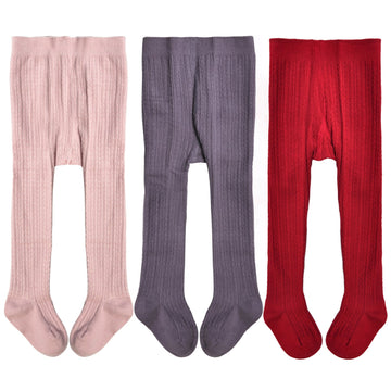 Epeius Baby Girls Seamless Cable Knit Solid Cotton Tights Newborn Girls Footed Leggings For 0-3 Months,Red/Pink/Purple (Pack Of