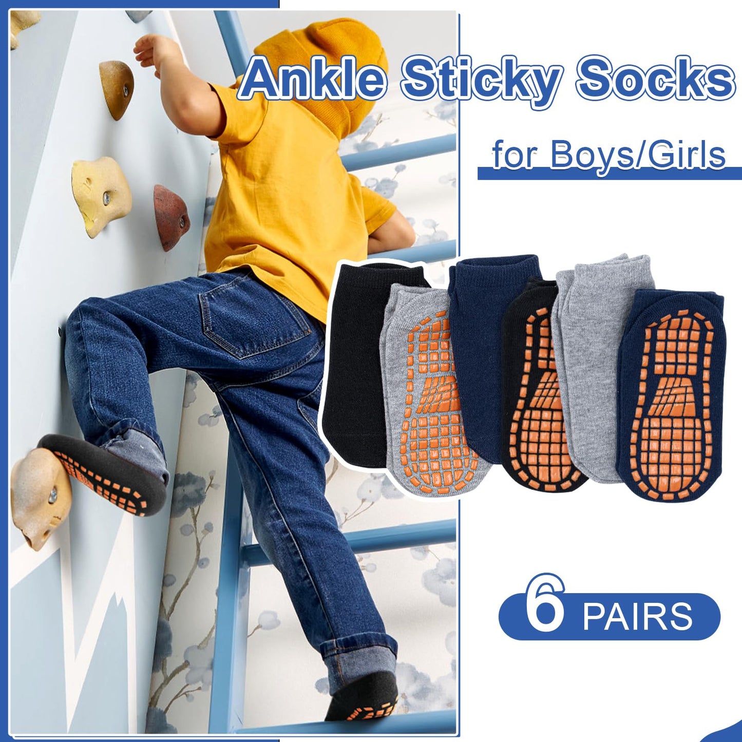 Hycles Boys Girls Non-Slip Toddler Socks Grip Ankle Sticky Sock Anti-Skid Socks For Kids 6 Pairs For 10-13 Years Kids