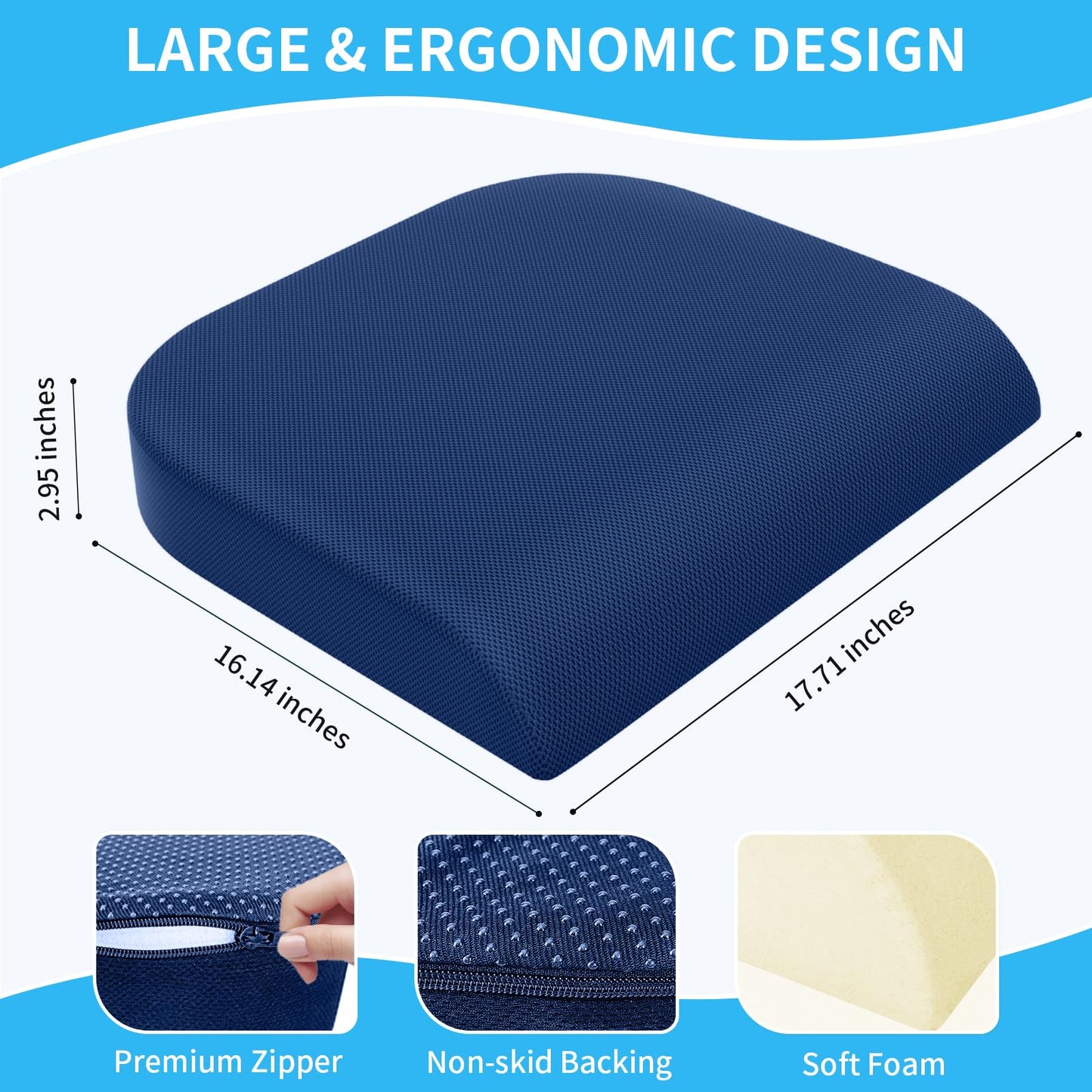 Tranquilrelax Large Seat Cushion, Memory Foam Cushion For Long Sitting Hours On Office Chair, Home & Car, Non-Slip Chair Pad For