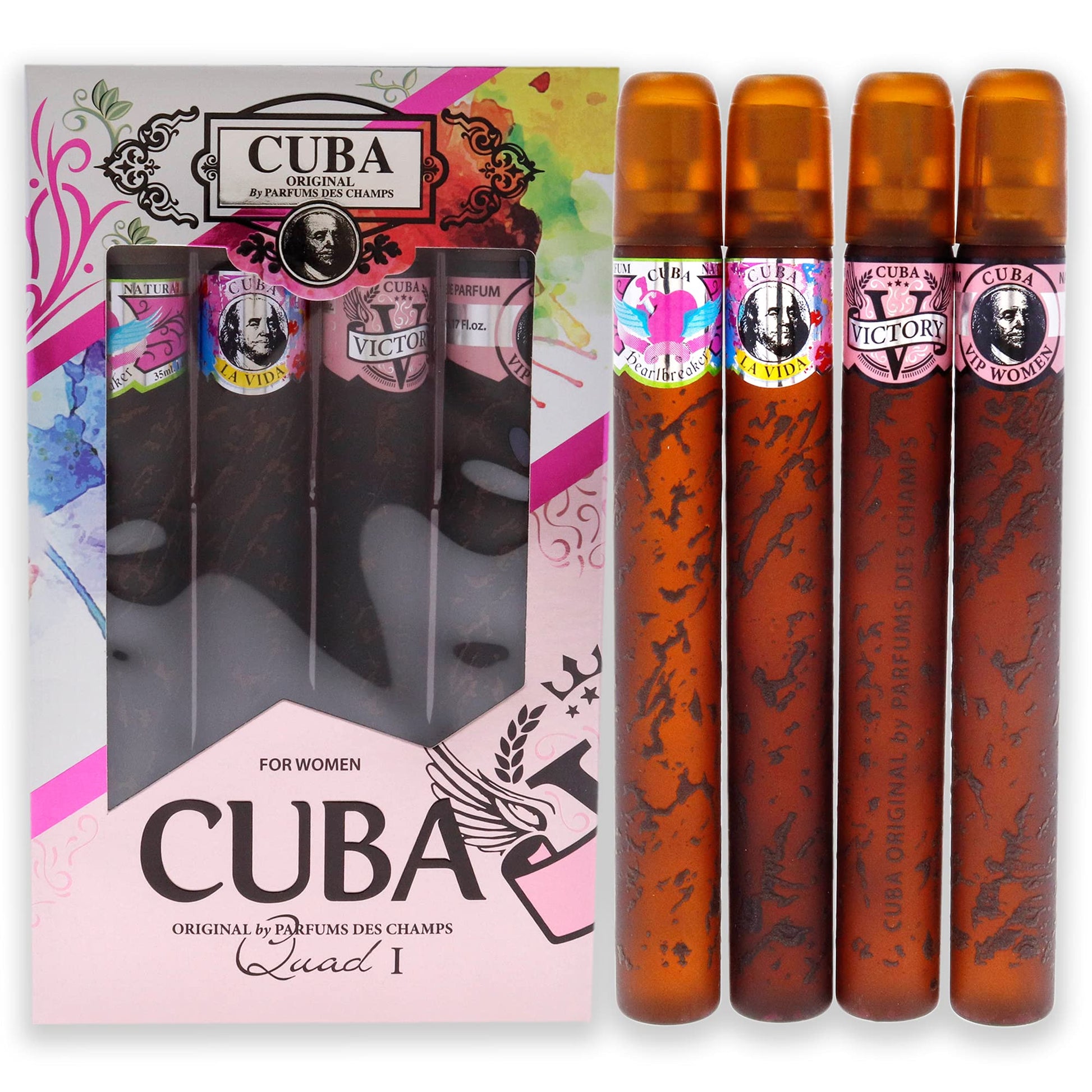 Cuba Cuba Quad I Women 4 Pc Gift Set 1.17oz Cuba Heartbreak EDP Spray, 1.17oz Cuba La Vida EDP Spray, 1.17oz Cuba Victory EDP Sp