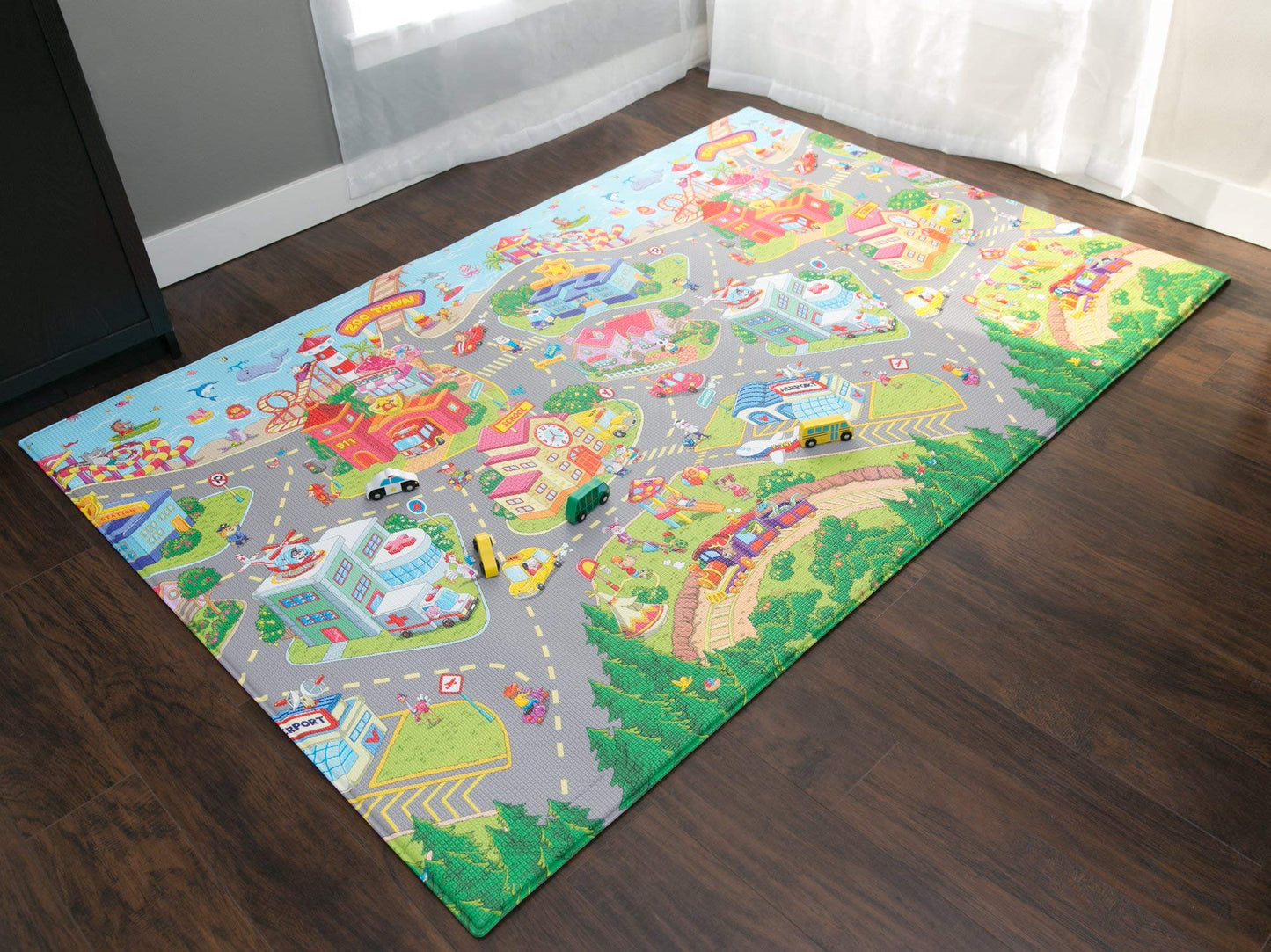 Baby Care Play Mat (Large, Playful - Zoo Town) 82 x 55 Original One-Piece Reversible Rollable Waterproof Play Mat for Infant