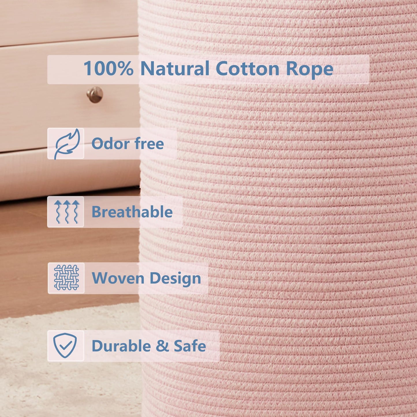 Mojoscend 80L Extra Large Pink Hamper Laundry Basket For Baby Girls Tall Nursery Hamper For Kids Woven Rope Clothes Basket For L