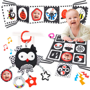 Black and White High Contrast Baby Toys 0-6 Months with Mirror, Crinkle and Rattles, Soft Baby Toys for Brain Development Montes