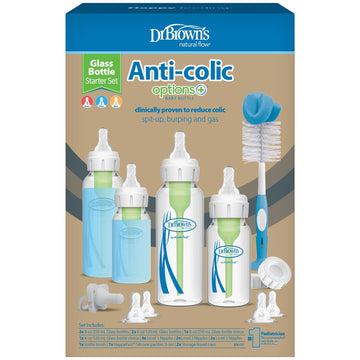 Dr. Brown'S Natural Flow Anti-Colic Options+ Narrow Glass Baby Bottle Starter Set With Silicone Sleeves,Brush And Soft 100% Sili