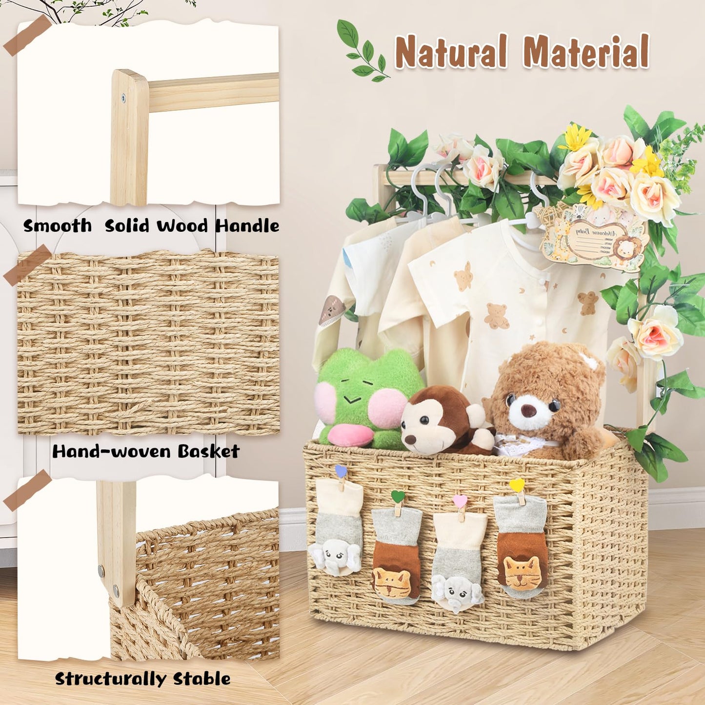 Wisreach Wooden Baby Shower Crate Closet, Foldable Handwoven Storage Basket for Baby Shower Gifts, Welcome Gift Basket for Newbo