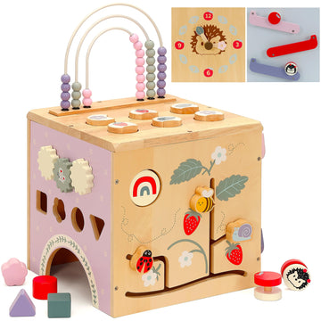Pillowhale Large Activity Cube, Wooden Play Cube with 8-in-1 Activity Center, Baby Multipurpose Montessori Toy Activity Learning