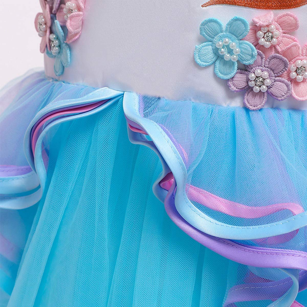 Hihcbf Girls Unicorn Birthday Princess Long Sleeve Wedding Pageant Party Maxi Dress Halloween Carnival Costume W/Headband Blue 1
