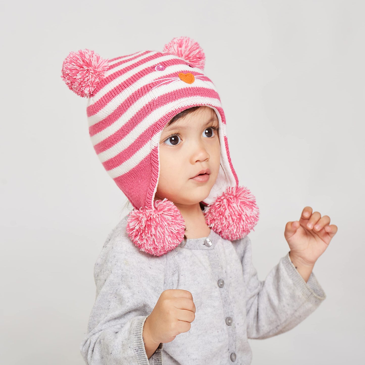 Langzhen Toddler Kids Infant Winter Hat,Earflap Knit Warm Cap Fleece Lined Beanie For Baby Boys Girls (Cat -Rose, 6-12 Months)