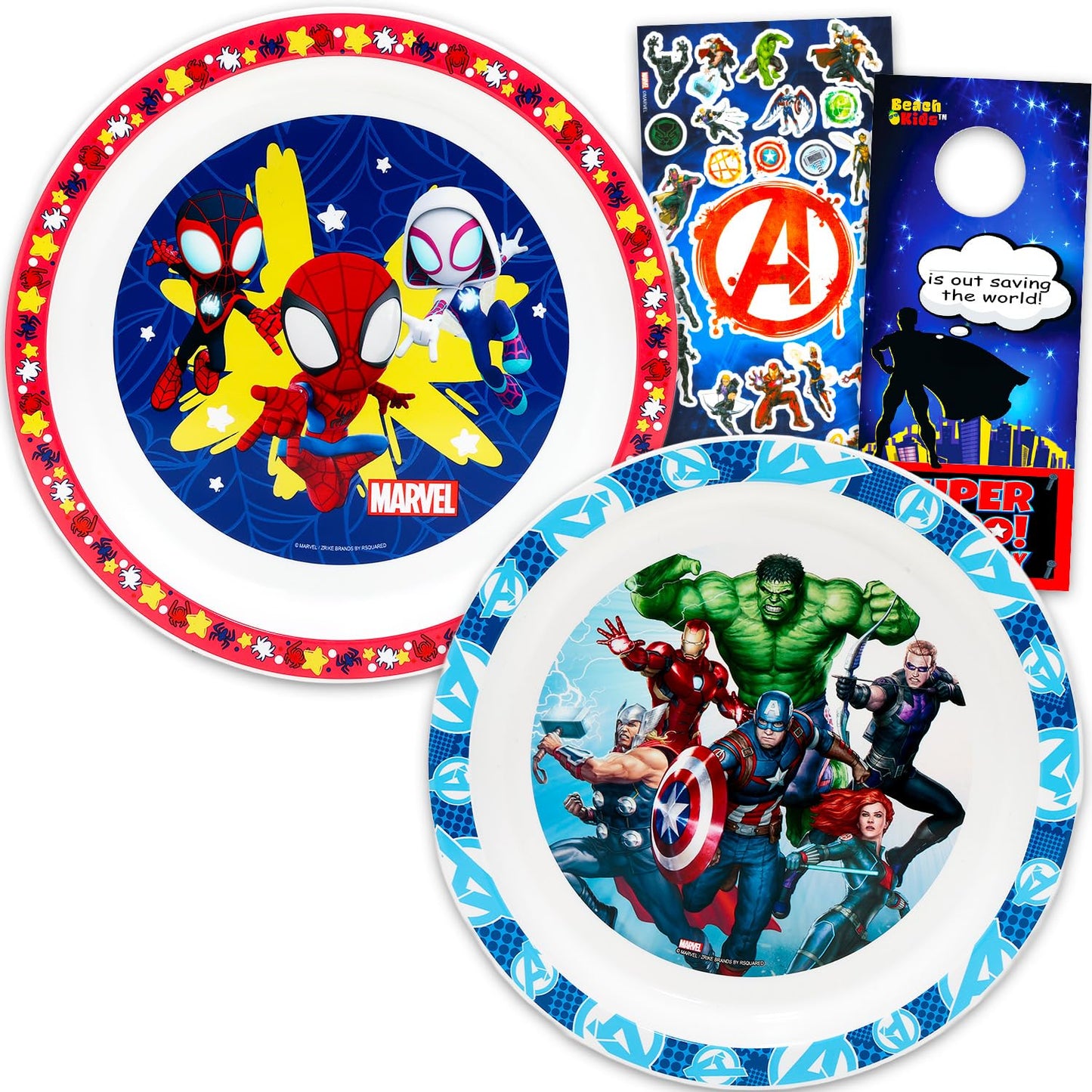 Marvel Superhero Dinnerware Set for Boys - 2 Pc Kitchen Accessories Bundle with Spidey and Avengers Plates Plus Stickers, More |