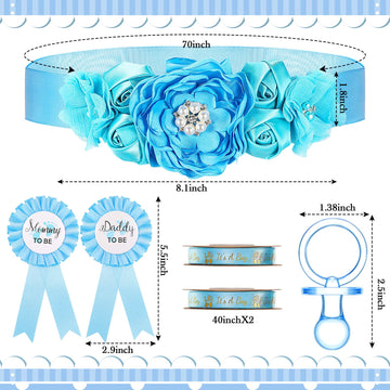 Konohan 53 Pcs Baby Shower Favors For Boy Maternity Flower Sash Belt Blue Large Acrylic Pacifier Mom To Be Dad To Be Badge Pin I