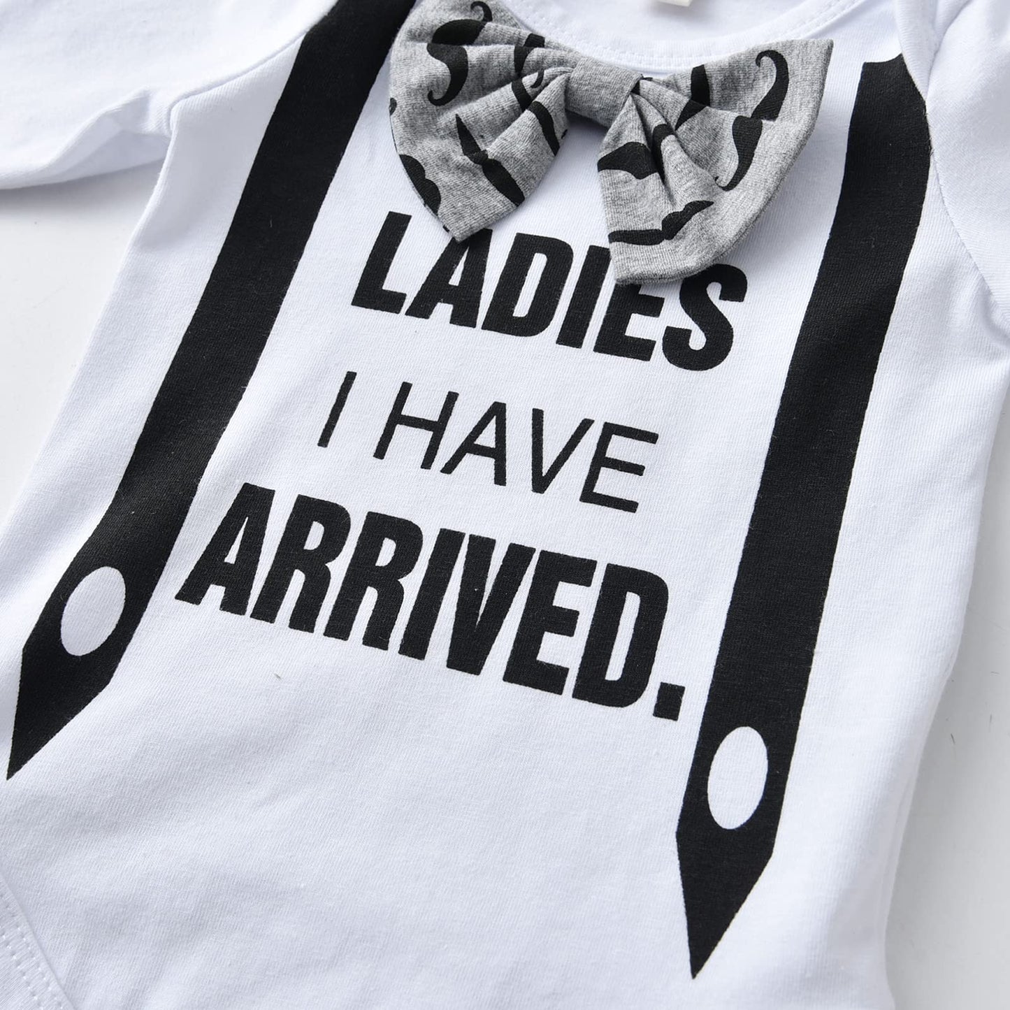 Kukitty Newborn Infant Baby Boy Clothes Long Sleeve Bow Ladies I Have Arrived Romper + Moustache Pants + Hat 3Pcs Outfits Set (N