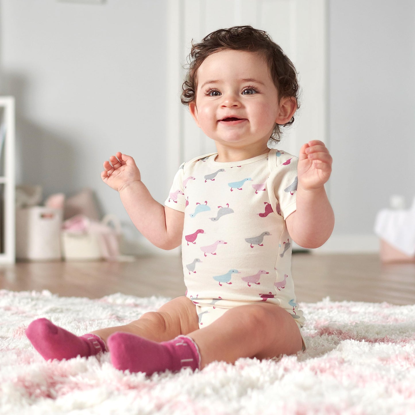 Grow By Gerber Baby Girls 5-Pack Short-Sleeve Onesies Bodysuits, Grey/Pink/Ivory, 6-9 Months