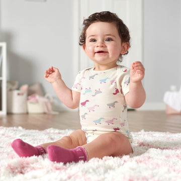 Grow By Gerber Baby Girls 5-Pack Short-Sleeve Onesies Bodysuits, Grey/Pink/Ivory, 12 Months