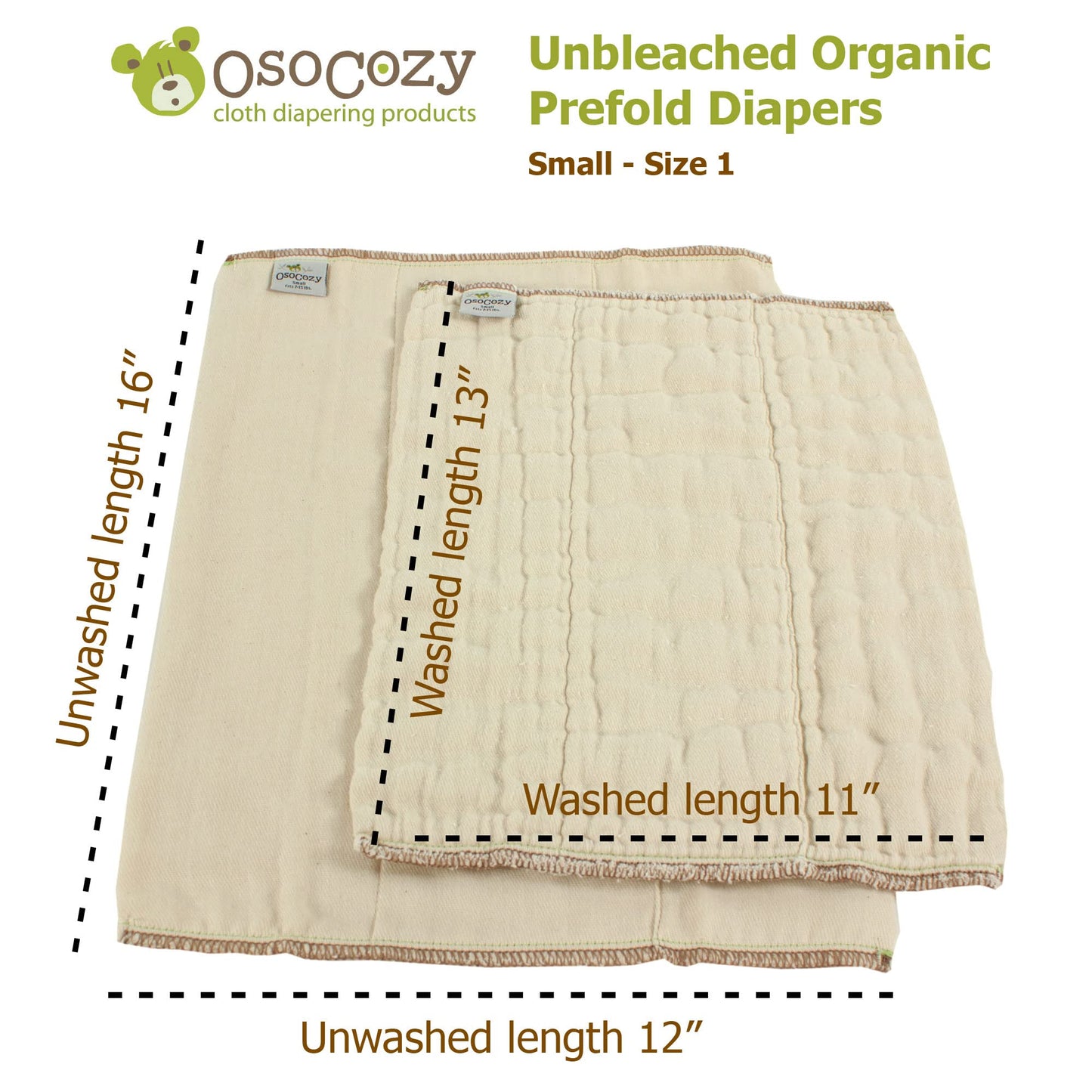 OsoCozy Organic Cotton Prefold Cloth Diapers Traditional Fit Small 4x8x4 Layering (6pk) - Super-Soft, Thick, Absorbent and Durab