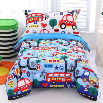 Wowelife Car Toddler Bedding Set For Boys, 4 Piece Black Toddler Bed Set For Boys With Comforter, Flat Sheet, Fitted Sheet And P
