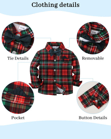 Disaur Toddler Boy Wedding Outfits Short Sleeve Christmas Red Plaid Flower Dress Shirt Bow Tie Suspender Green Pants Baptism Out