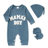Newborn Baby Boy Romper Waffle Coming Home Outfits Mama'S Boy Letter Jumpsuit+Hat+Gloves 3Pcs Clothes Set (Dove Blue, 1-3M)