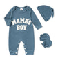Newborn Baby Boy Romper Waffle Coming Home Outfits Mama'S Boy Letter Jumpsuit+Hat+Gloves 3Pcs Clothes Set (Dove Blue, 3-6M)