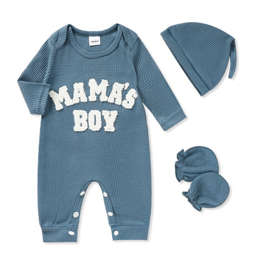 Newborn Baby Boy Romper Waffle Coming Home Outfits Mama'S Boy Letter Jumpsuit+Hat+Gloves 3Pcs Clothes Set (Dove Blue, Newborn)