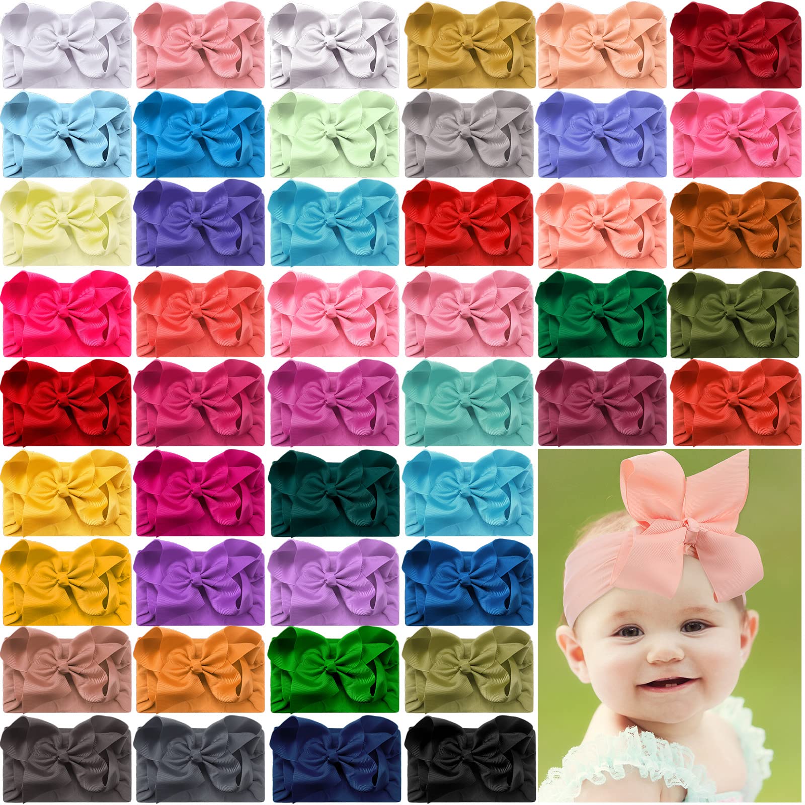 Hoteam 50 Pcs Baby Girls Large Bows Headbands 6.3 Inch Soft Wide Turban Baby Headbands Elastic Nylon Hairbands Hair Accessories