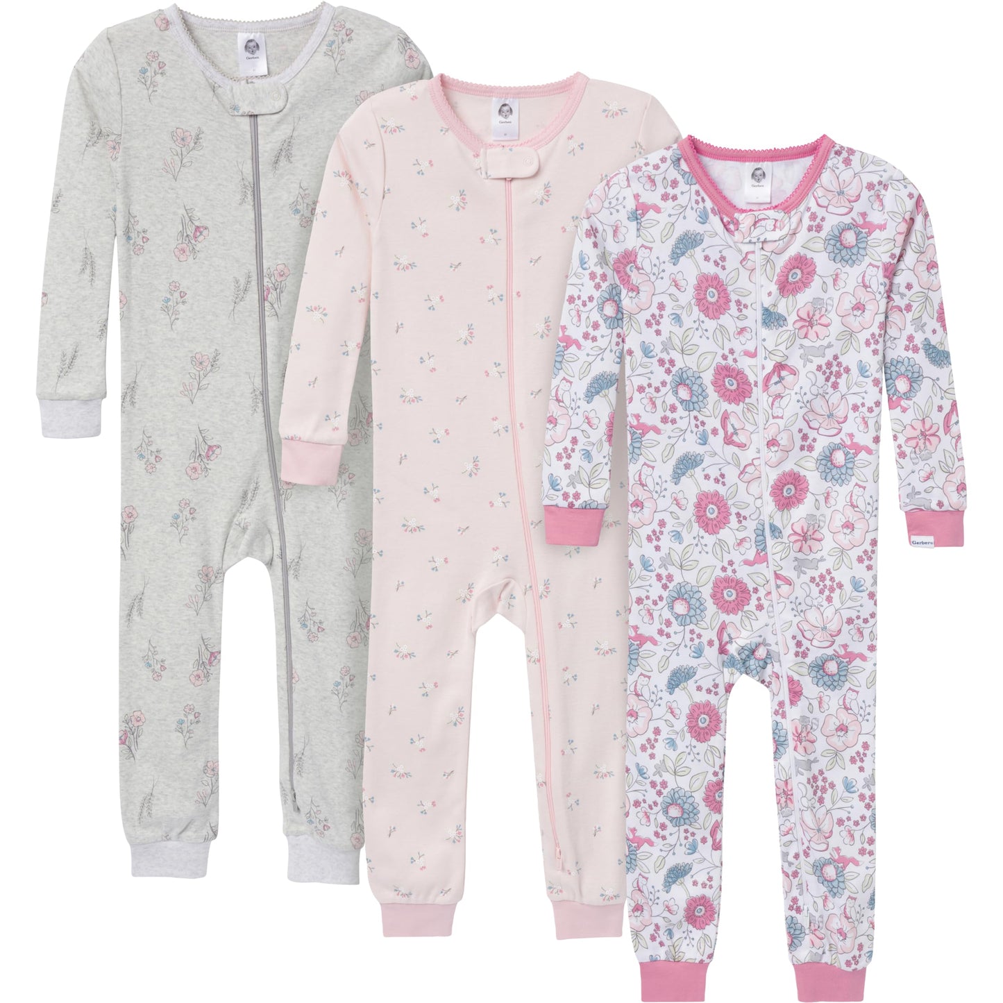 Gerber Baby-Girls 3-Pack Snug Fit Footless One-Piece Cotton Pajamas, Woodland Floral, 2T