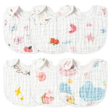 Zainpe 6Pcs Snap Muslin Cotton Baby Bibs Star Cat Rabbit Pattern Adjustable Feeding Bib Machine Washable Unisex Burp Cloths With