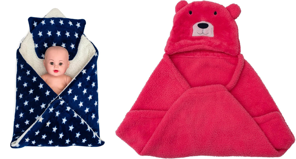 CTMKIDS Baby Wrap with Cushion Cap for Kids 74x84 cm  Navy Blue & Baby Hooded Cum Wrap Blanket for Kids 92x66 cm  Carrot