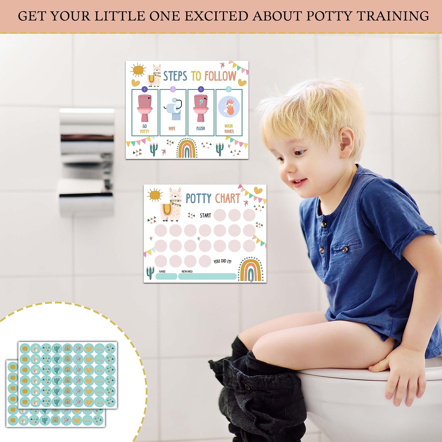 Llama Potty Training Sticker Chart, 20 Potty Charts With 432 Round Stickers & 1 Instruction Sheet, Potty Reward Sticker Chart Fo