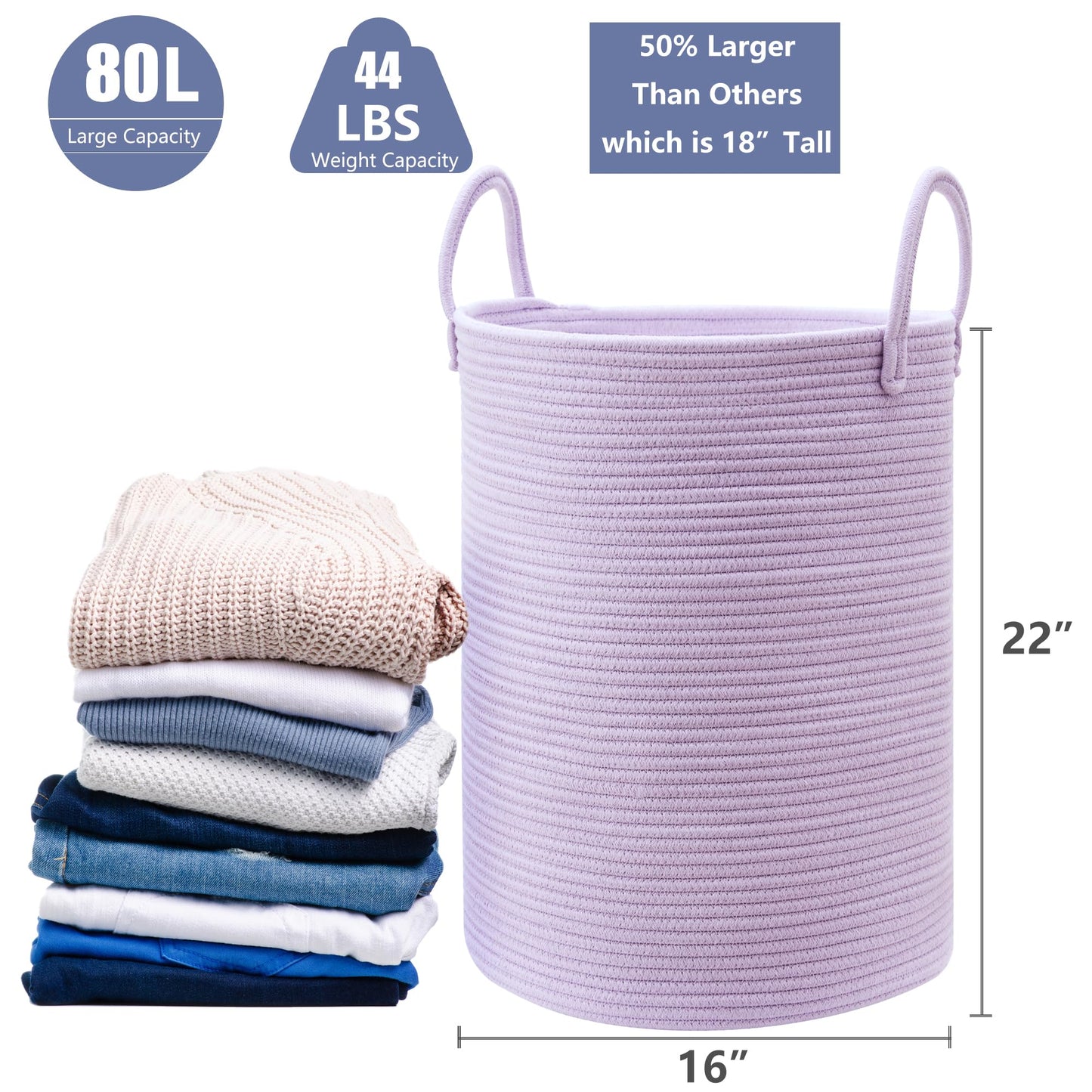 Mojoscend 80L Extra Large Purple Hamper Laundry Basket For Nursery Kids16Dx22H Inches Tall Lavender Blanket Basket For Girls Cot