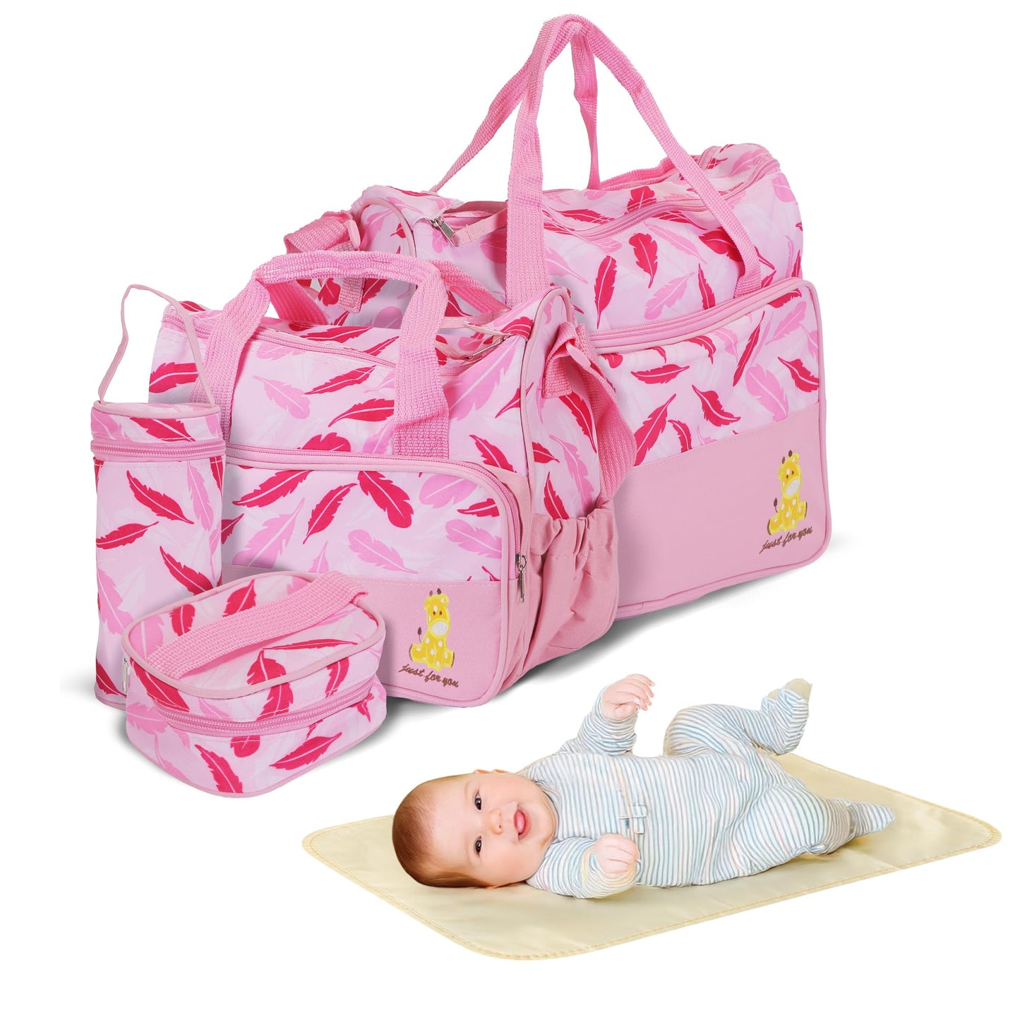 5PCS Baby Diaper Bag Set, Large Mummy Diaper Handbags with Changing Pad & Food Bag, Travel Girl/Boy Tote Bags for Mom Dad(LightP