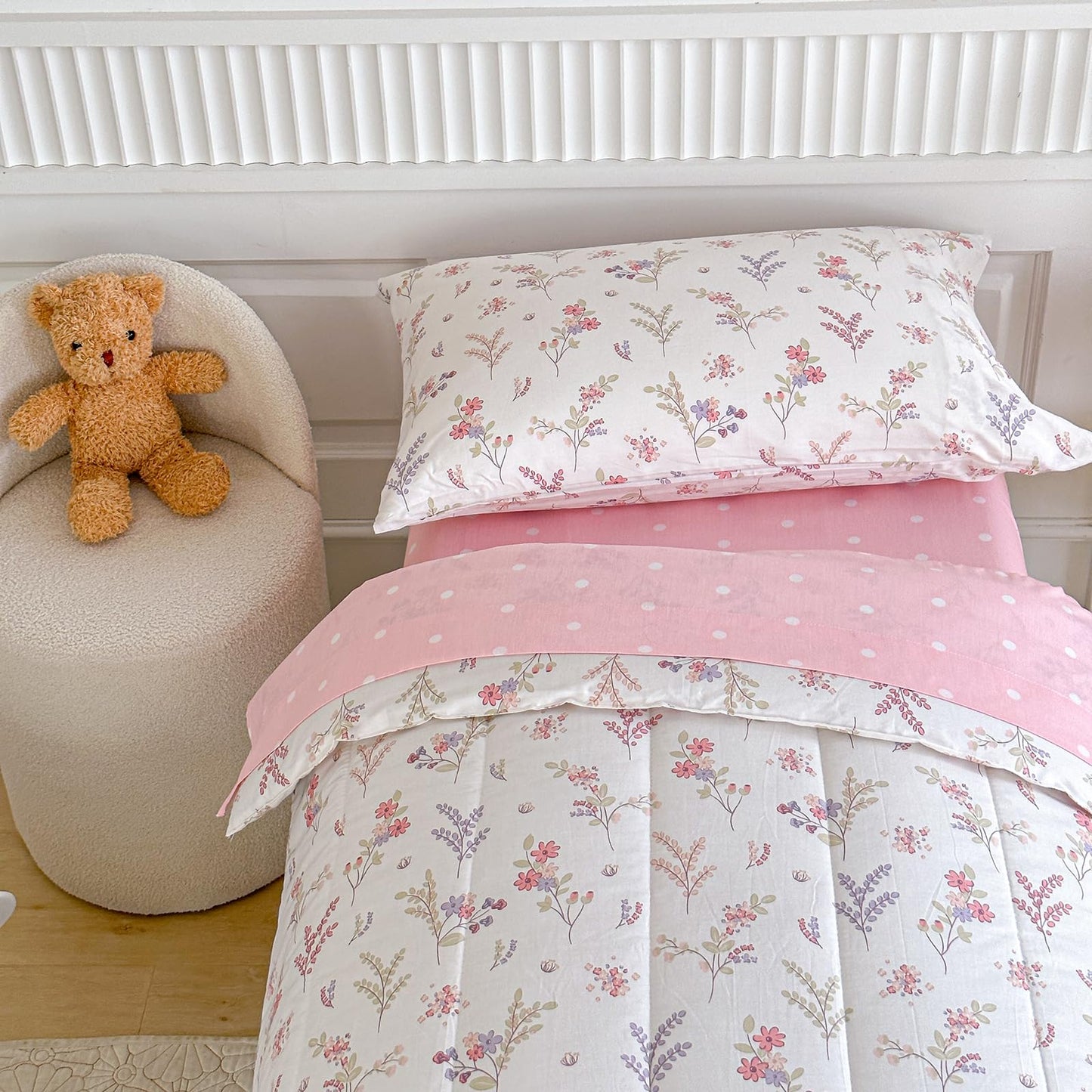 Joyreap 4 Piece Cotton Toddler Bedding Set For Girls, Flowers N Leaves Pink Design, Soft Breathable Cotton Toddler Comforter Set