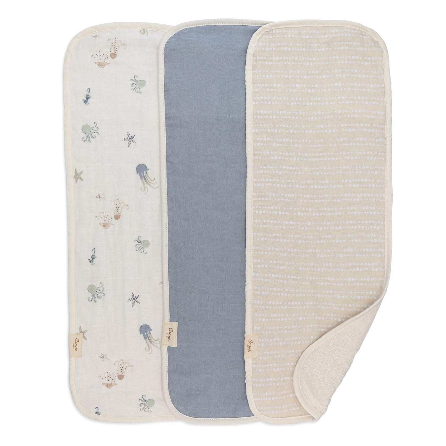 Crane Baby Muslin Baby Burp Cloths, Lightweight Absorbent Burp Cloth, Sea Life Jellyfish, Set of 3, 7    x 20   , Newborn Baby E