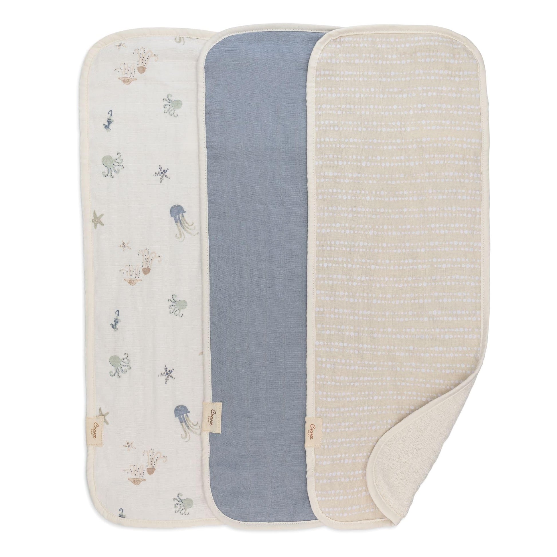 Crane Baby Muslin Baby Burp Cloths, Lightweight Absorbent Burp Cloth, Sea Life Jellyfish, Set of 3, 7    x 20   , Newborn Baby E
