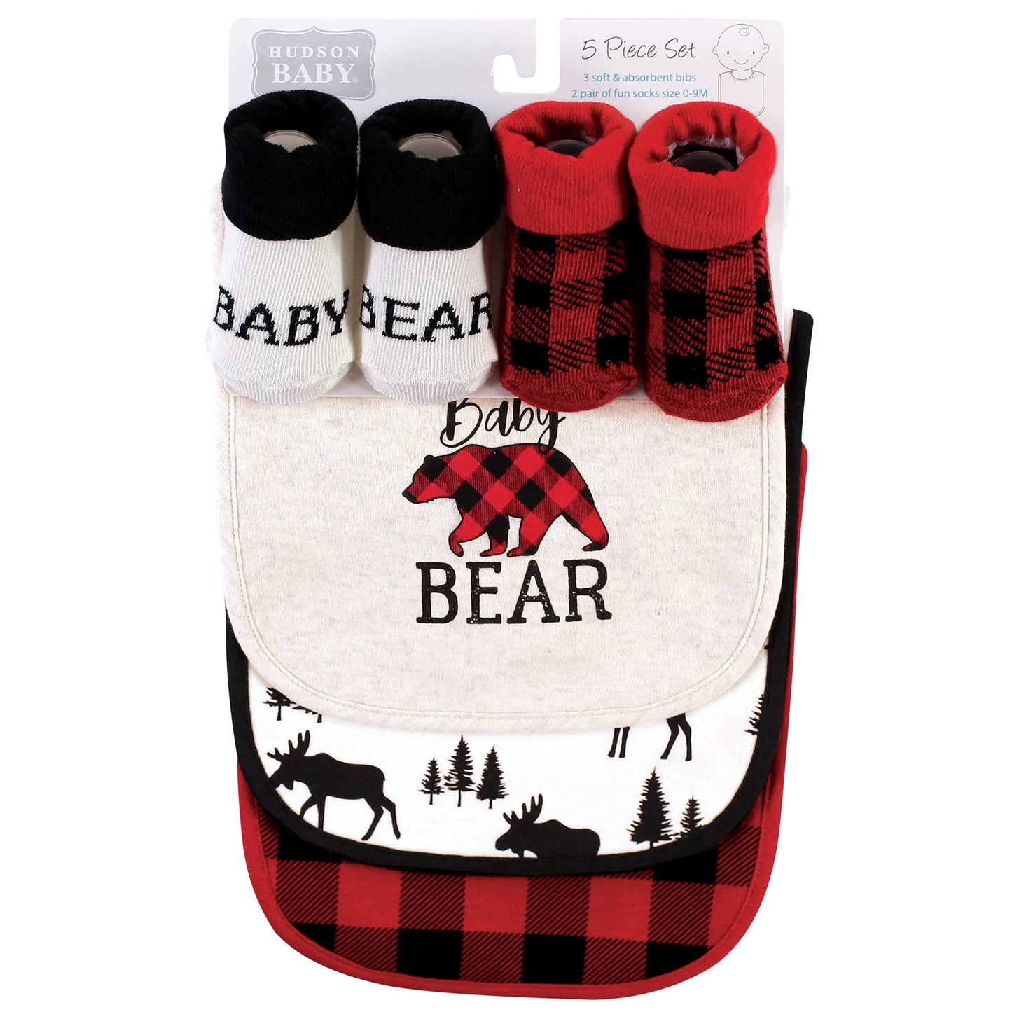 Hudson Baby Unisex Baby Cotton Bib And Sock Set, Baby Bear Plaid, One Size