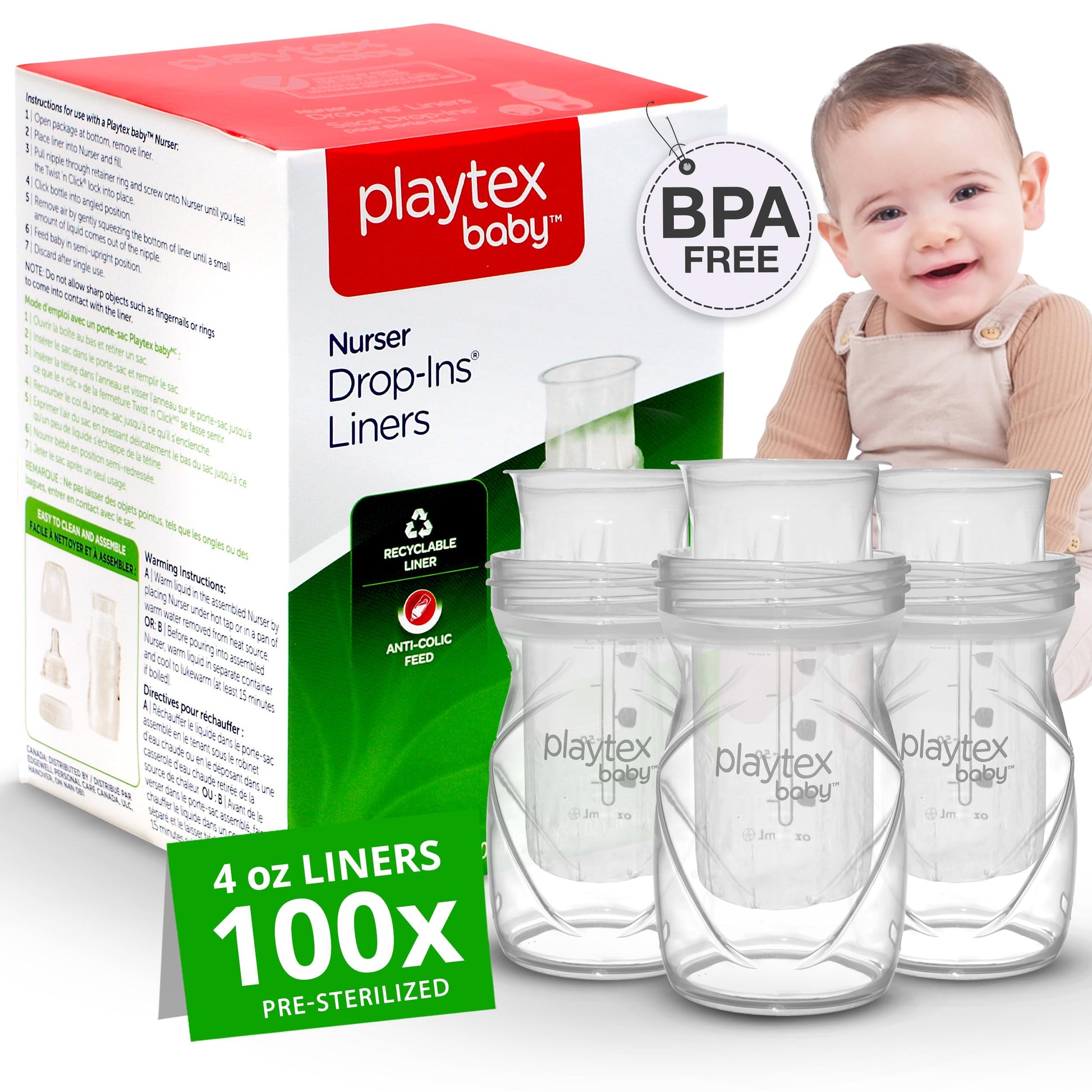 Playtex Baby Nurser Pre-Sterilized Disposable Drop-Ins Bottle Liners, Anti-Colic, Gas Reduction, Closer To Breastfeeding, 4 Oz,