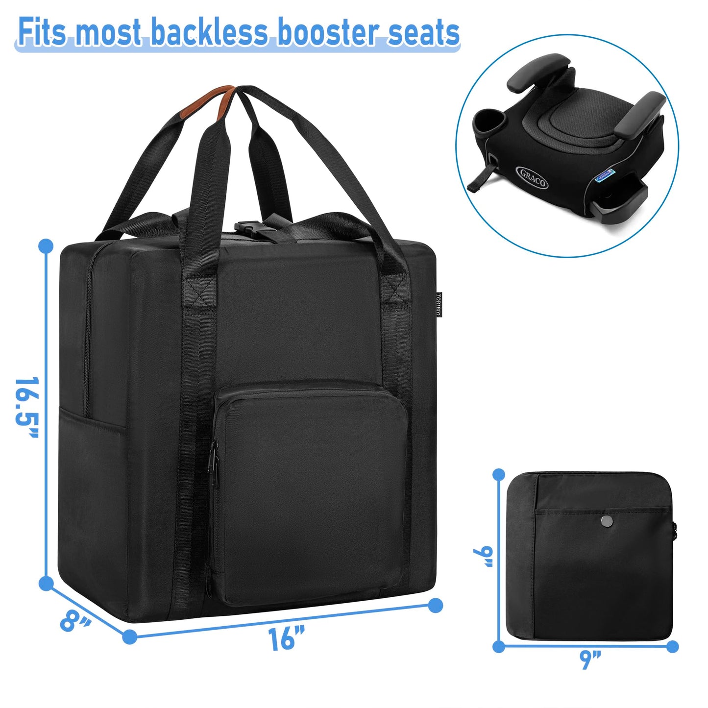 Toribio Backless Booster Car Seat Travel Bag, For Gb Pockit, Tote Bag Strollers Bags For Airplane Gate Check, Black