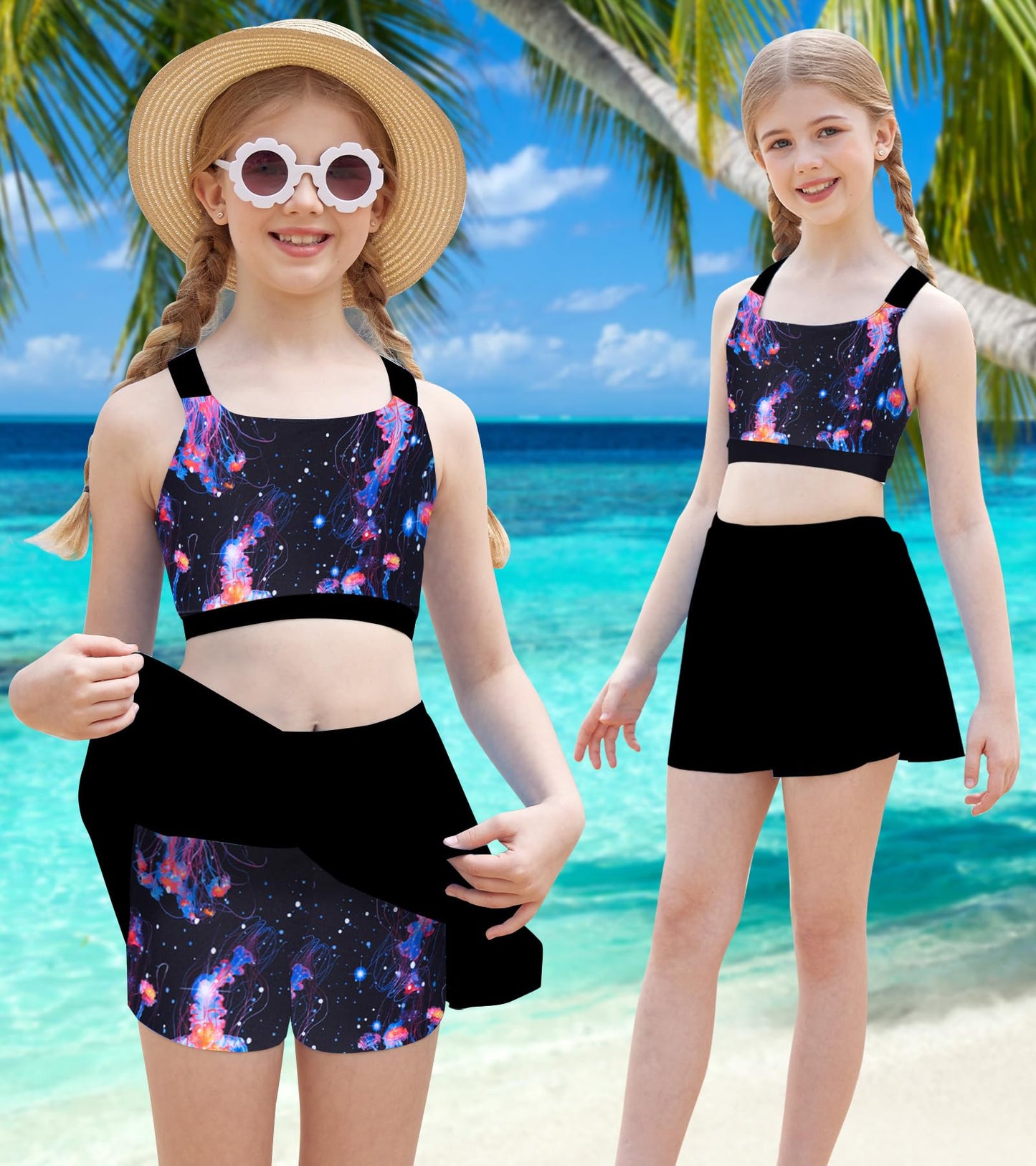 Cutemile Bathing Suit Size 8-9 Girls Jellyfish Swimsuit With Boyshorts Black Tankini Upf 50+ Sleeveless Swimwear 8-9 Years