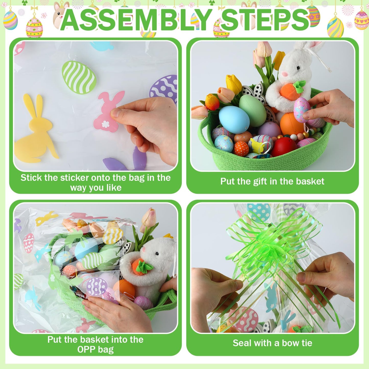 Teenyyou 3 Sets Easter Woven Baskets With Cellophane Gift Bags Bows 12 X 9 X 5 Inch Easter Gift Bags Empty Bunny Eggs Rope Baske