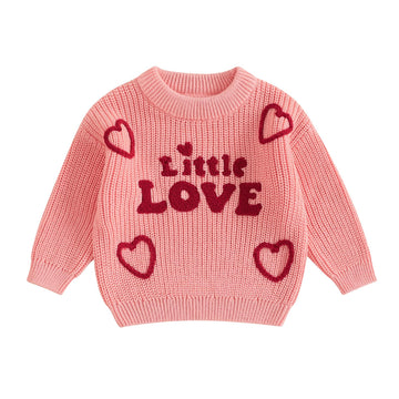 Toddler Baby Girl Valentines Day Outfit Little Love Heart Knit Sweater Long Sleeve Crewneck Pullover Fall Cute Top (Pink Little